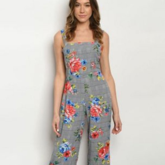 Boutique Pants - Sleeveless Square Floral Navy Print Jumpsuit
